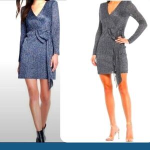 NWT Aidan by Aidan Mattox Size 14 Blue Gray Metallic V-Neck Bow Waist Wrap Dress